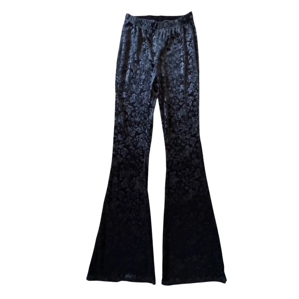 Romwe Black Velvet Burnout Flare Pants Small Tall US 4 Whimsygoth Bell Bottoms